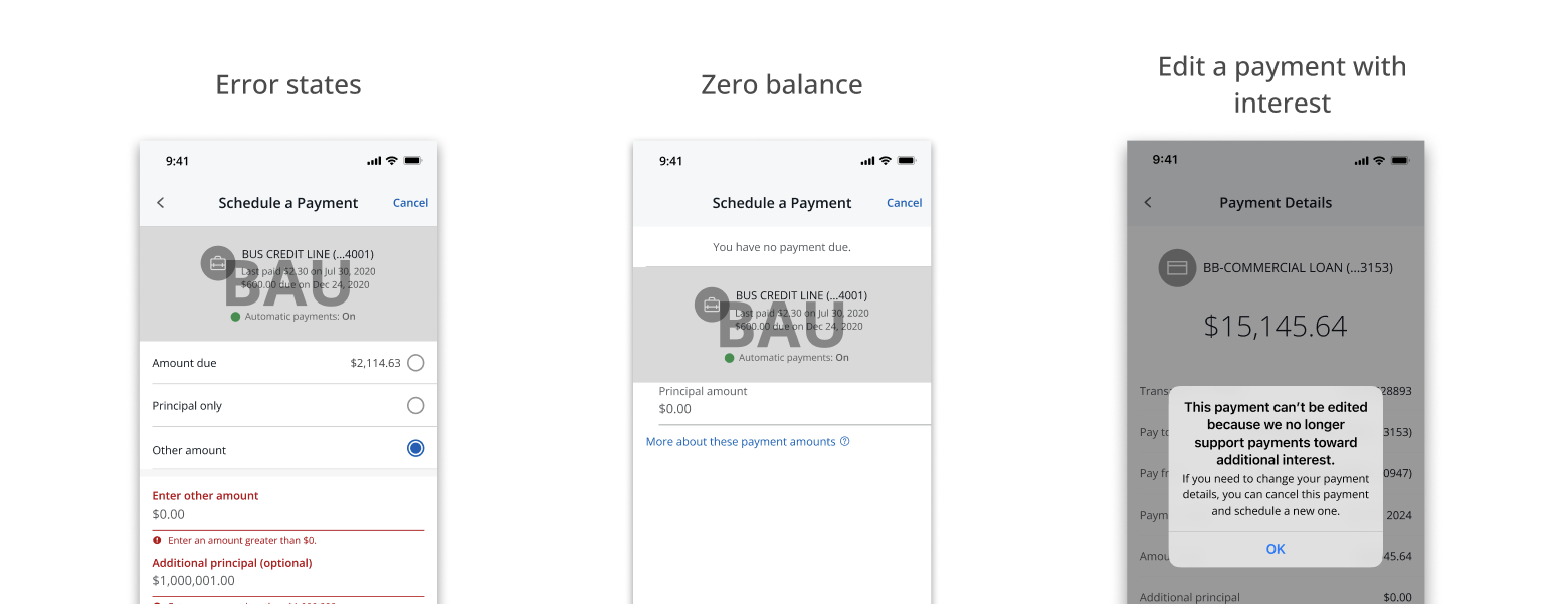 Three edge cases: error states, zero balance, and editing a payment previously scheduled with additional interest