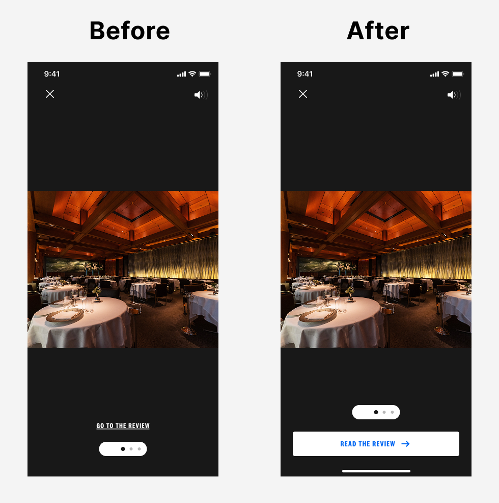 App lightbox before and after, with the improved CTA replacing the original buried link