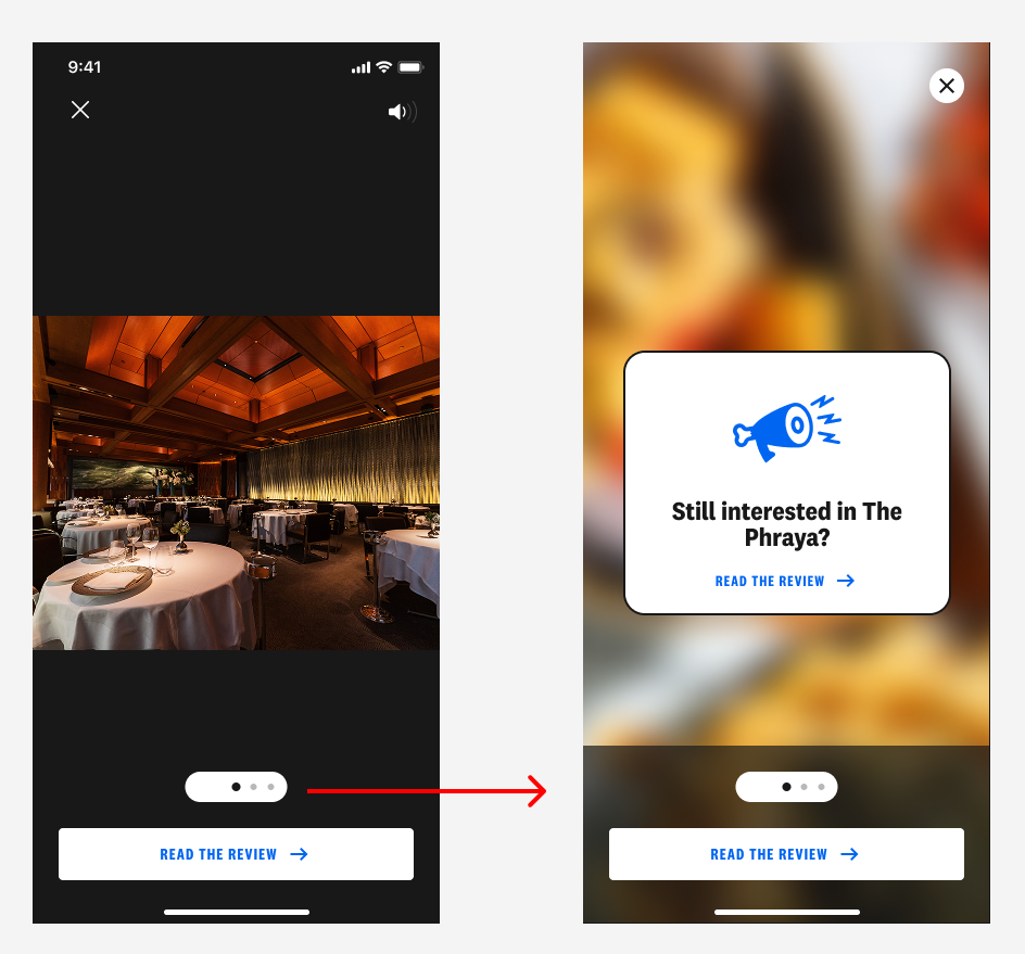 Variant B's full-screen end-of-carousel CTA in the app: Still interested in The Phreys? Read the Review