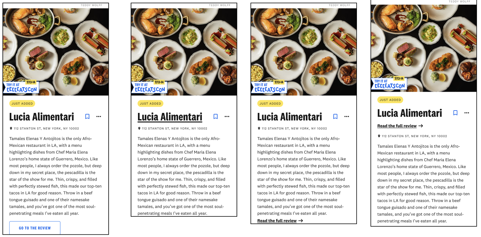 Four iterations of the guide card caption CTA, evolving from 'Go to the Review' to 'Read the full review'