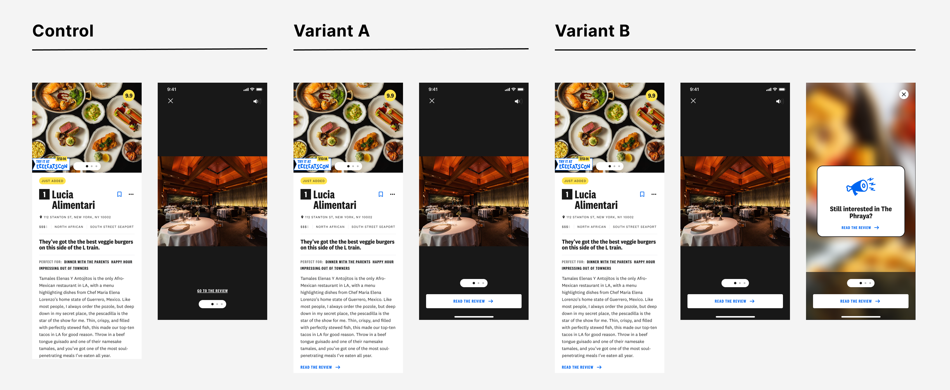 Three rows showing Control, Variant A, and Variant B guide page and lightbox states side by side