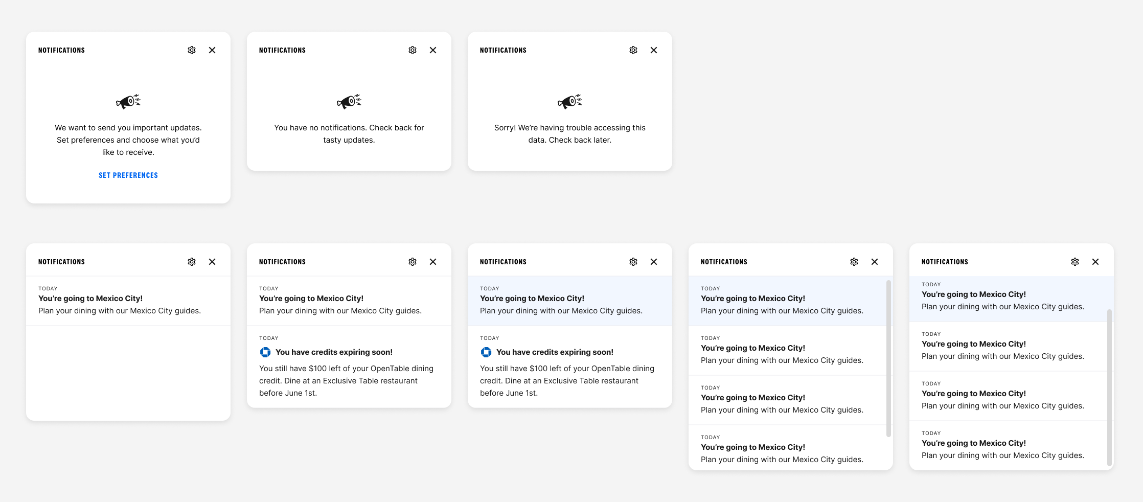 Notification popover states: empty, unread, and read