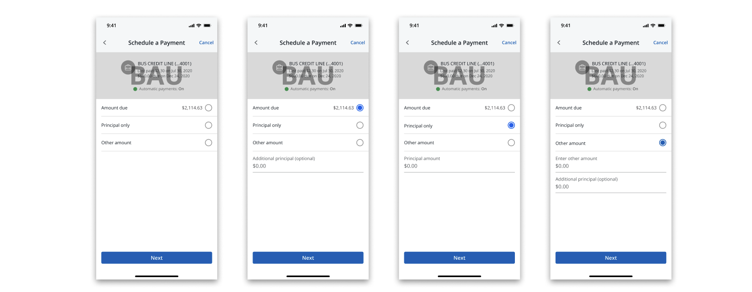 Four mobile screens showing radio button payment selection in different states