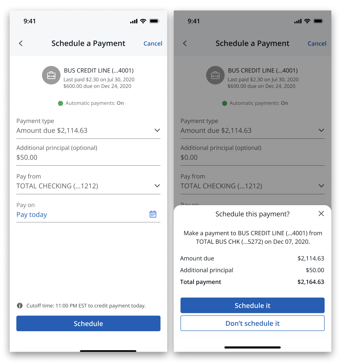 Two mobile screens showing the consolidated payment screen with a confirmation action sheet displaying payment totals