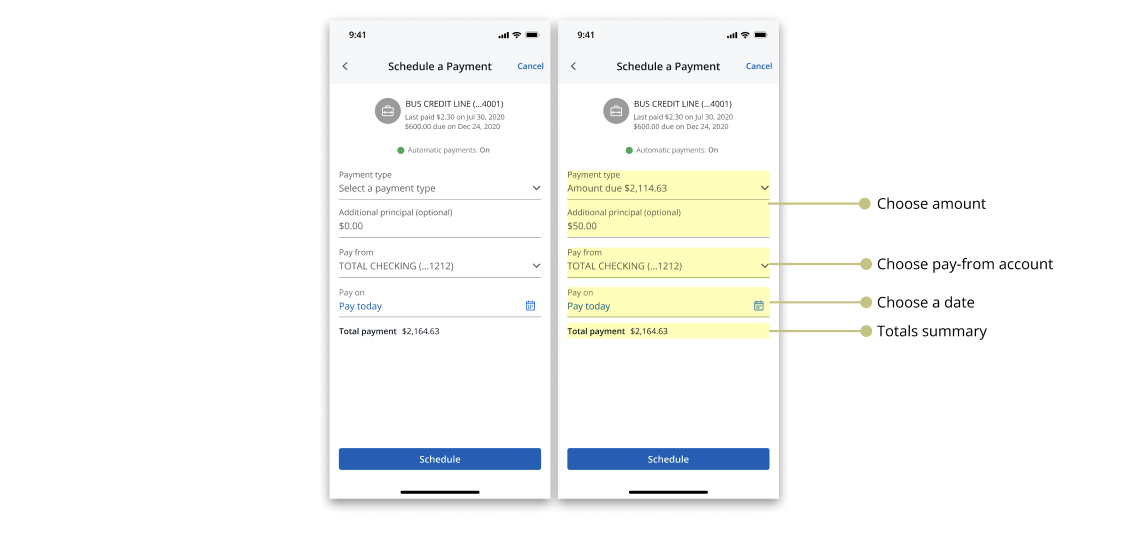 Two mobile screens showing payment type, pay-from account, and date combined onto a single screen
