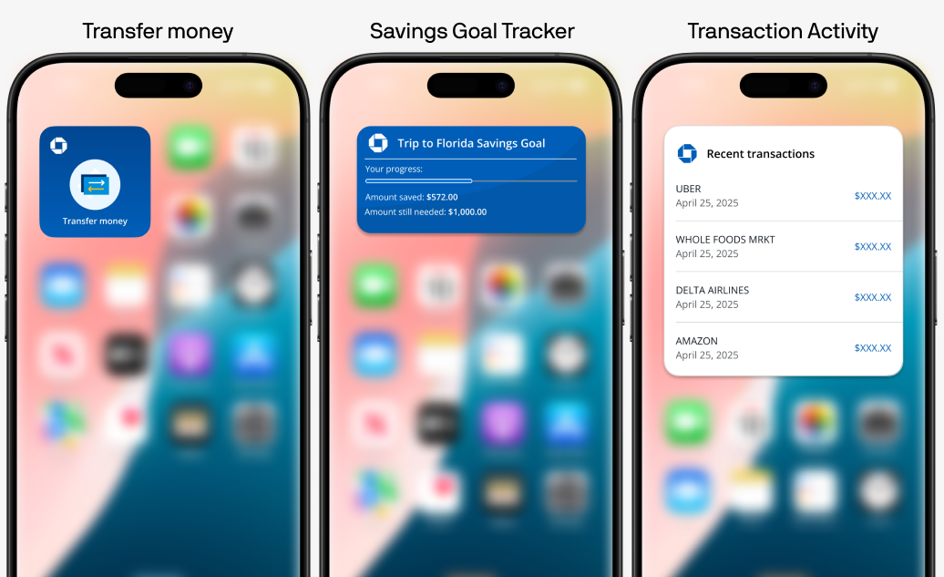 Three iPhone mockups showing Transfer money shortcut, Savings Goal Tracker, and Transaction Activity concepts